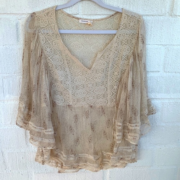 Anthropologie by Meadow Rue Embroidered Ivory Silk Peasant Blouse size Small - Picture 3 of 7